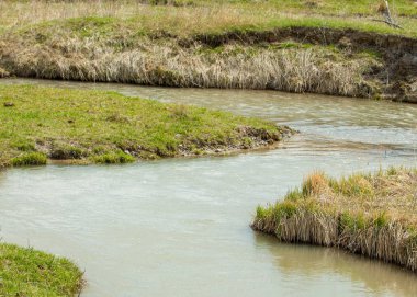 Son bahar kar dokusuna güneşli bir bahar brooks suda eritin. nehir dere dere. Bahar Nehri üzerinde buz erime. 