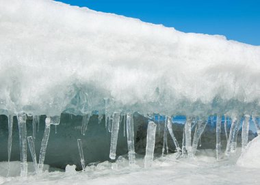 Son bahar kar dokusuna güneşli bir bahar brooks suda eritin. nehir dere dere. Bahar Nehri üzerinde buz erime. 