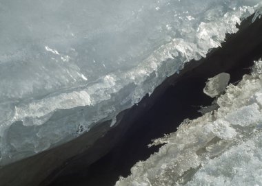 Son bahar kar dokusuna güneşli bir bahar brooks suda eritin. nehir dere dere. Bahar Nehri üzerinde buz erime. 