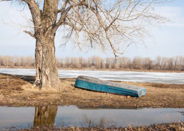 Bahar River, buz Nehri üzerinde. çıplak ağaçlar ve mavi gökyüzünde güzel bulutlar güzel bahar manzara nehir buz ile erimiş