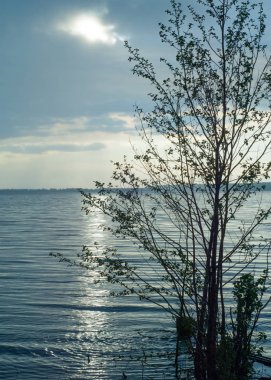 bulut su ışık demeti. Güzel gün batımı plajda, harika renkler, yaz aylarında plaj üzerinde ışık demetinin üstten görünüm