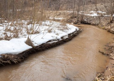 Bahar River, buz Nehri üzerinde. çıplak ağaçlar ve mavi gökyüzünde güzel bulutlar güzel bahar manzara nehir buz ile erimiş