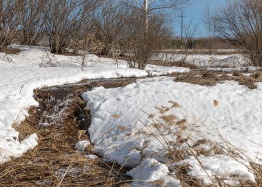 Brook bahar. güneşli bir bahar brooks suda eriyen doku. nehir dere dere. Bahar Nehri üzerinde buz erime. 