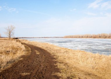 Bahar River, buz Nehri üzerinde. çıplak ağaçlar ve mavi gökyüzünde güzel bulutlar güzel bahar manzara nehir buz ile erimiş