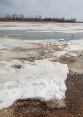 Bahar River, buz Nehri üzerinde. çıplak ağaçlar ve mavi gökyüzünde güzel bulutlar güzel bahar manzara nehir buz ile erimiş