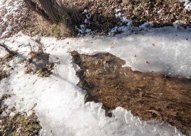 Son bahar kar dokusuna güneşli bir bahar brooks suda eritin. nehir dere dere. Bahar Nehri üzerinde buz erime. 