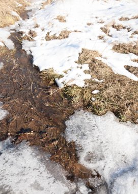 su küçük bir nehir erken ilkbahar akarsu. Bahar sahne. donmuş bir dere ile dağ manzarası