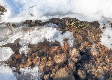 su küçük bir nehir erken ilkbahar akarsu. Bahar sahne. donmuş bir dere ile dağ manzarası