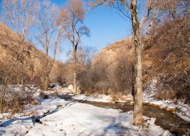 su küçük bir nehir erken ilkbahar akarsu. Bahar sahne. donmuş bir dere ile dağ manzarası