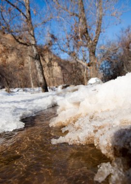 su küçük bir nehir erken ilkbahar akarsu. Bahar sahne. donmuş bir dere ile dağ manzarası