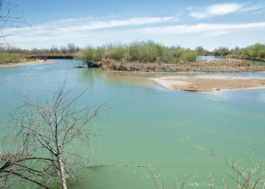 Bozkır nehir sazlık yaz. nehir görünümünde kez izlendi. küçük mavi nehir kıyısında güneşli bir gün