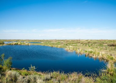 Olay yerinde bozkır gölde akşam güzel gökyüzü altında küçük bir göl