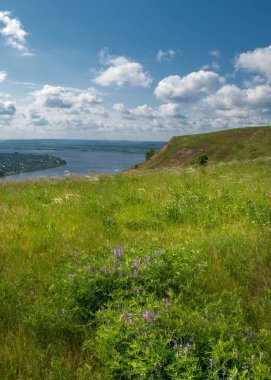Yaz nehir. Yüksek Rock. Mavi gökyüzü. güzel sahne