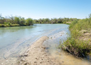 Bozkır nehir sazlık yaz. nehir görünümünde kez izlendi. küçük mavi nehir kıyısında güneşli bir gün