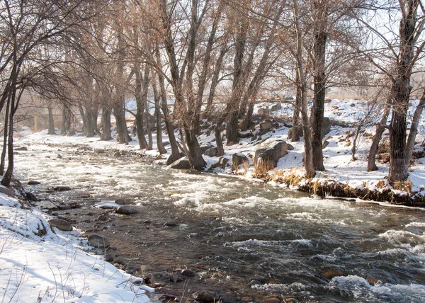 在早春流在一条小河的水 山风景用冰冻的小溪 — 图库照片