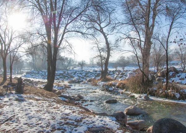 su küçük bir nehir erken ilkbahar akarsu. Bahar sahne. donmuş bir dere ile dağ manzarası