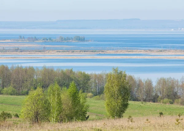 Весна, велика річка, барвисті дерева . — стокове фото