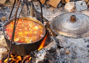Bir kamp ateşi pişmiş sebze güveç