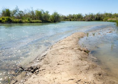 Bozkır nehir sazlık yaz. nehir görünümünde kez izlendi. küçük mavi nehir kıyısında güneşli bir gün