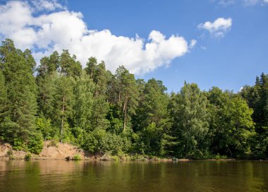 Yaz nehir sazlık ağaçlar gölgeliyor. Deniz, göl veya başka bir kanaldaki böyle dere akan su büyük bir doğal akışı.