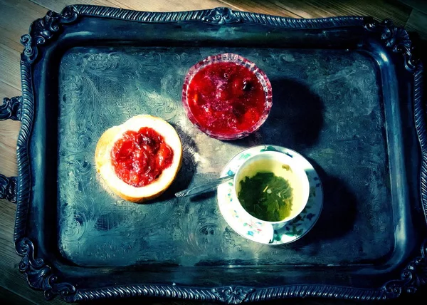 Breakfast Jam Plum Green Tea Old Silver Tray — Stock Photo, Image