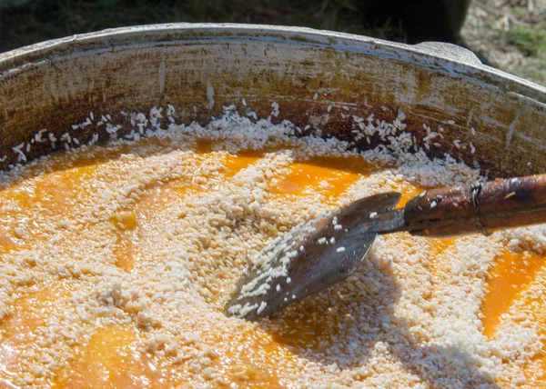 Uzbek national dish pilaf. a Middle Eastern or Indian dish of rice (or sometimes wheat) cooked in stock with spices, typically having added meat or vegetables.