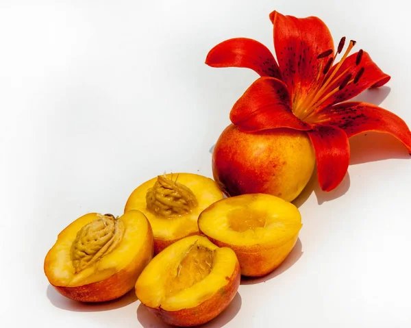 Melocotones Una Fruta Hueso Redondo Con Pulpa Amarilla Jugosa Piel —  Fotos de Stock