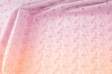 Doku arka planını kumaş. Bez delikli daireler ile. Kumaş dokusuna pastel tonlarda pembe renk, pembe pamuk bez doku arka planda pastel renkler close-up boyalı.