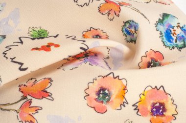 Doku, arka plan, desen. Kumaş ipek bej arka plan. Kumaş üzerine çiçek kırmızı mavi boyalı