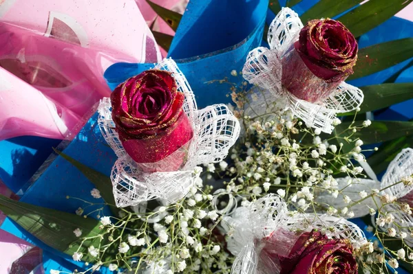 Ein Porträt Von Blumen Rosen Einem Strauß Rosenstrauß Verschiedene Farben — Stockfoto