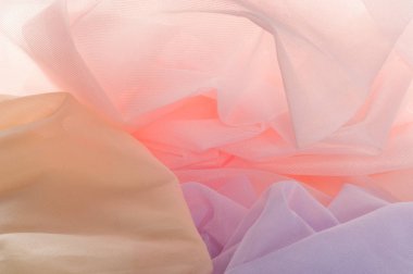 Doku, arka plan, desen. Şeffaf ipek kumaş. Mavi, sarı, pembe tonları. bir rengi kırmızı ve beyaz, mercan ya da somon itibariyle arasında ara.