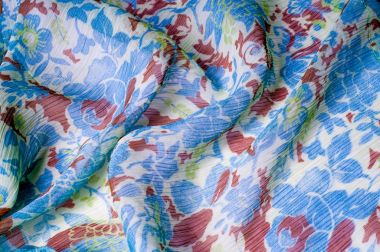 Doku, arka plan, desen. Kumaş krep de chine. Mavi beyaz 