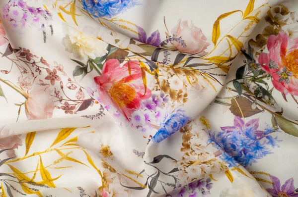 Textura Fundo Padrão Tecido Seda Textura Com Flores Rosa Amarela — Fotografia de Stock
