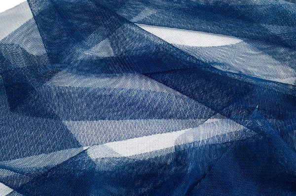 Texture, background, pattern. Blue ribbon in a small grid. Wide blue tulle gauze mesh fabric embroidered ribbon ribbon lace trim