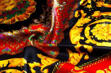 Arka plan doku, çizim. İpek kumaş. Sarı ve kırmızı renkler, Hint kumaş, ipek kumaş bahçesinde, çevresinde parlak desenleri ile kumaş baskılı ipek, baskılı kumaş Sanganery