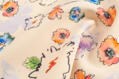 Doku, arka plan, desen. Kumaş ipek bej arka plan. Kumaş üzerine çiçek kırmızı mavi boyalı