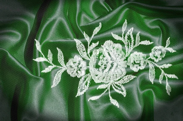 Textuur Achtergrond Patroon Lacy Witte Stof Bloemen Kant Kinderschoentjes Groene — Stockfoto