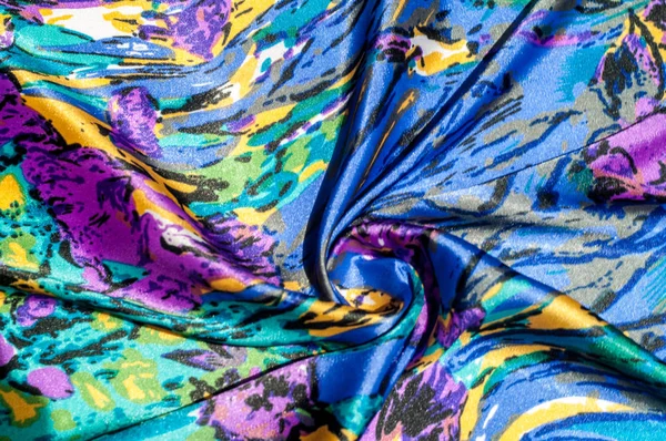 Textur Stoff Hintergrund Frauenschal Seidenstoff Ist Blau Florales Muster Abstraktion — Stockfoto