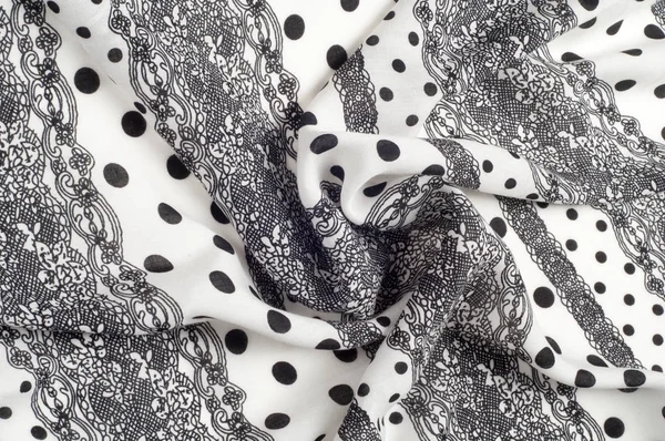 Doku, desen, arka plan. Kumaş Pamuk. Beyaz kumaş, boyalı siyah lekeli, siyah dantel ile. Siyah beyaz Grunge noktalar kumaş - Grungy Polka 