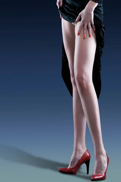 Feet Girl High Heels Black Dress Wear Girl One Leg — Stock Photo, Image