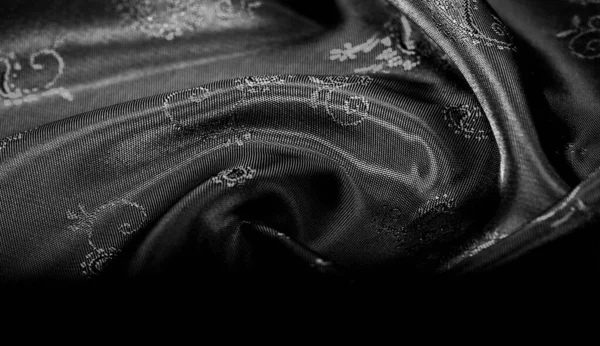 Textura, tecido chiffon de seda preta com estampa paisley. fabuloso — Fotografia de Stock