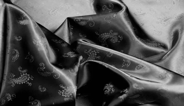 Текстура, чорна шовкова шифонна тканина з принтом Пейслі. приголомшливий — стокове фото