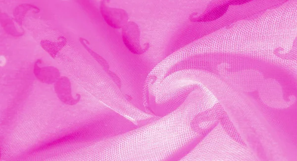Tekstura tła, różowy jedwabny materiał z malowane Cartoon Mustac — Zdjęcie stockowe