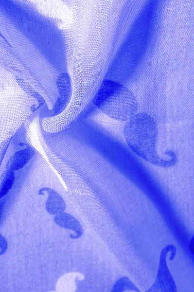 Fundo de textura, Tecido de seda azul com Mustac de desenhos animados pintados — Fotografia de Stock