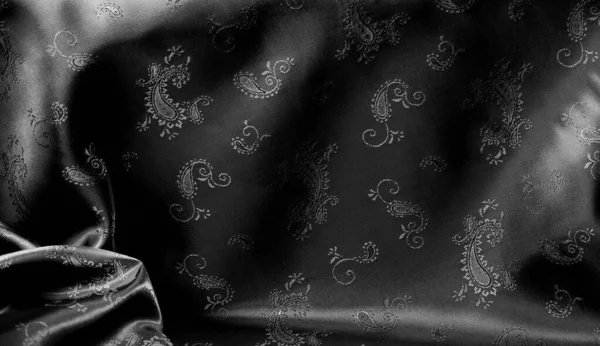 Tekstur, kain sutra hitam chiffon dengan cetak paisley. luar biasa — Stok Foto