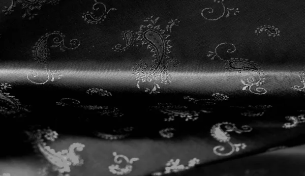 Textúra, fekete selyem Chiffon szövet Paisley nyomtatni. Mesés — Stock Fotó