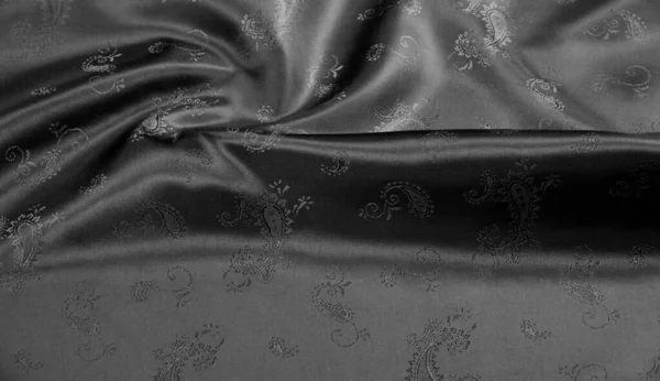Tekstura, czarna jedwabna Szyfonowa tkanina z nadrukiem Paisley. Fantastyczny — Zdjęcie stockowe