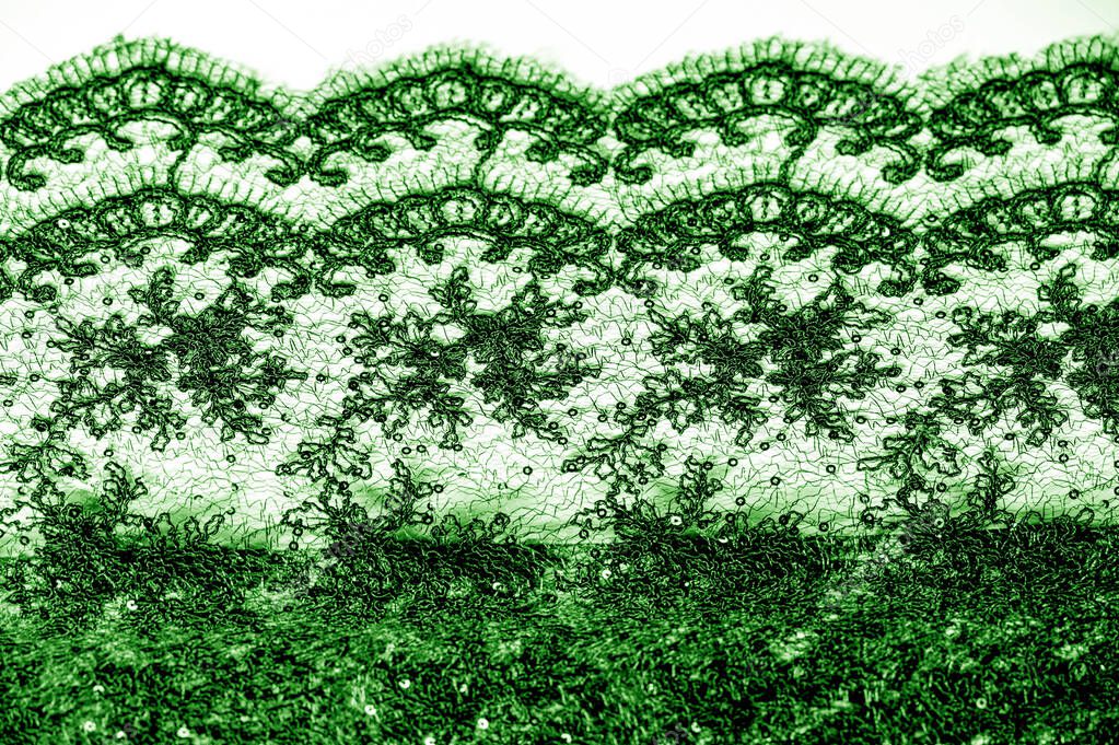 Texture, pattern, lace fabric in green on a white background. Th