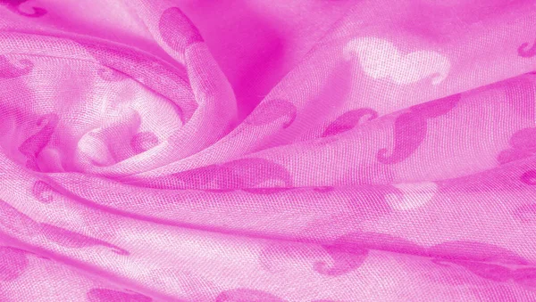 Pozadí textury, růžová hedvábná tkanina s namalovaným kresleném Mustakem — Stock fotografie