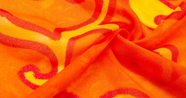 Texture silk, fabric red background with painted yellow flowers — Stock Photo, Image